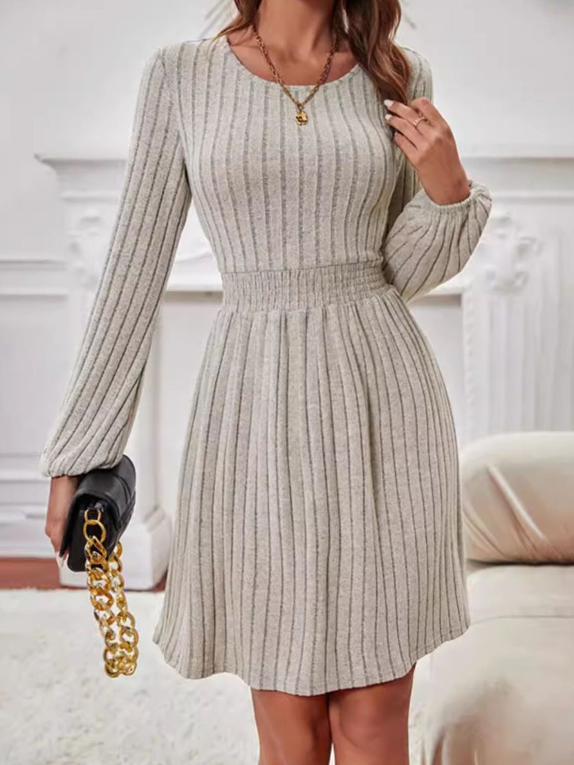 Smocked Round Neck Long Sleeve Knee Length Dress - Classique Collection
