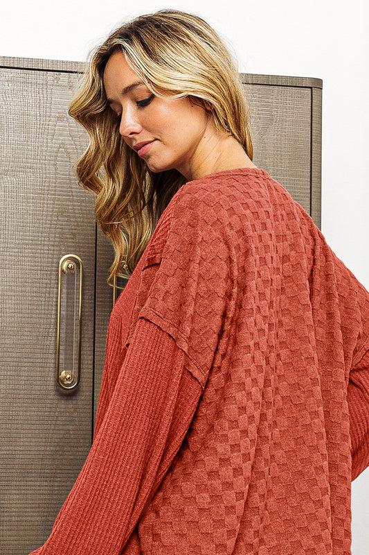 BiBi Checkered Spliced Long Sleeve Top - ClassiQ