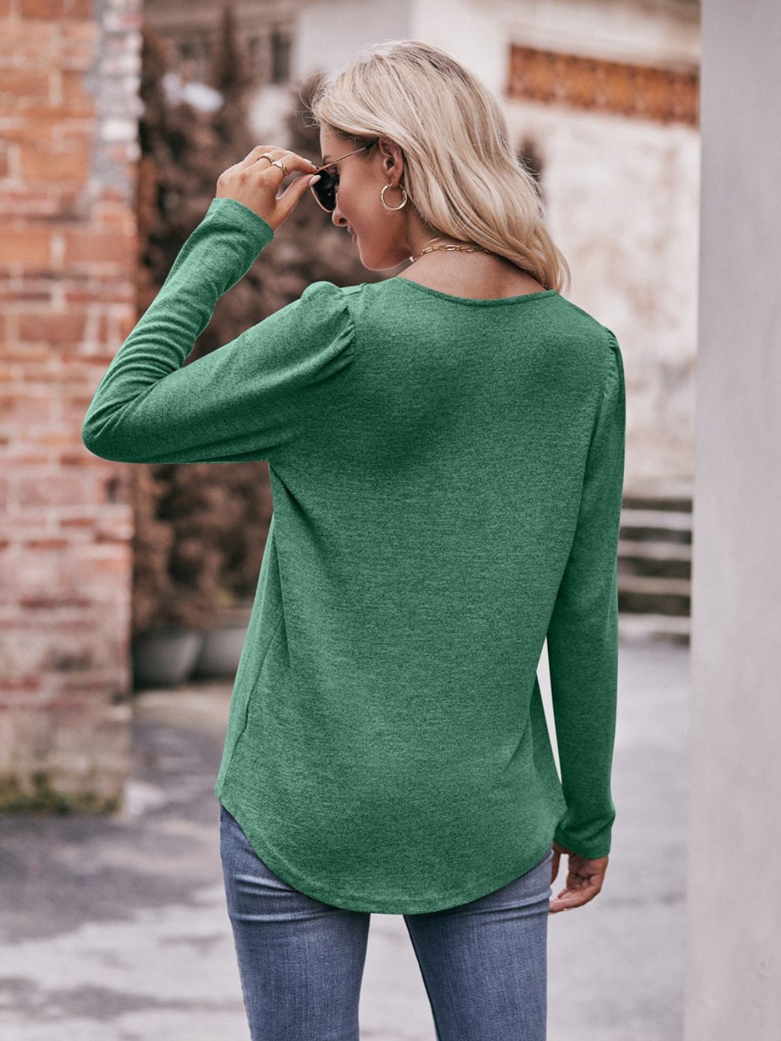 Mandy Pleated Detail Curved Hem Long Sleeve Top - ClassiQ