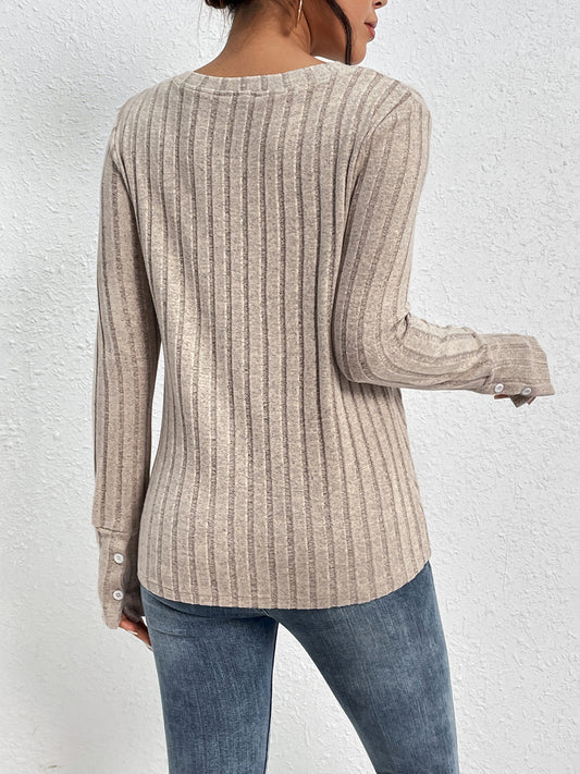 Perfee Lace Detail Ribbed V-Neck Long Sleeve Top - Classique Collection