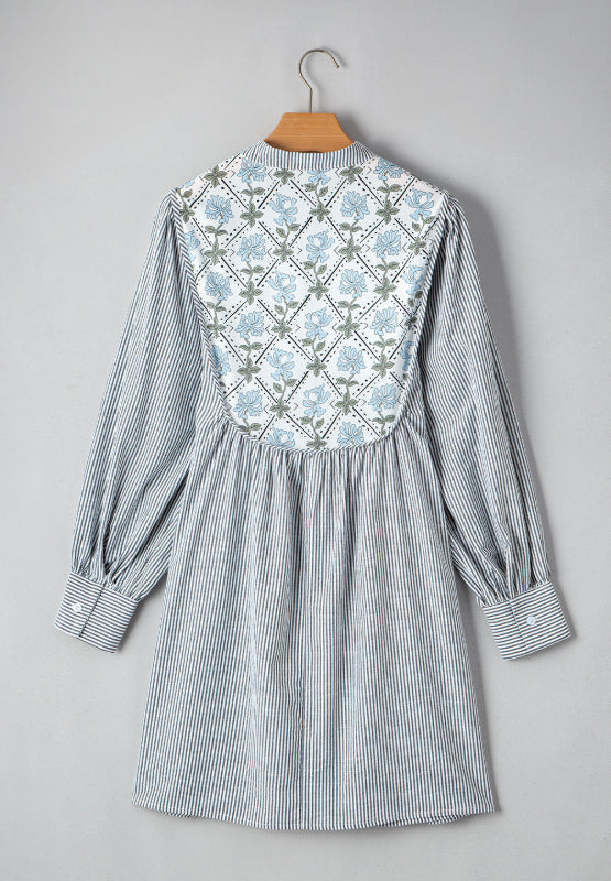 Tied Floral Printed Striped Long Sleeve Dress - Classique Collection