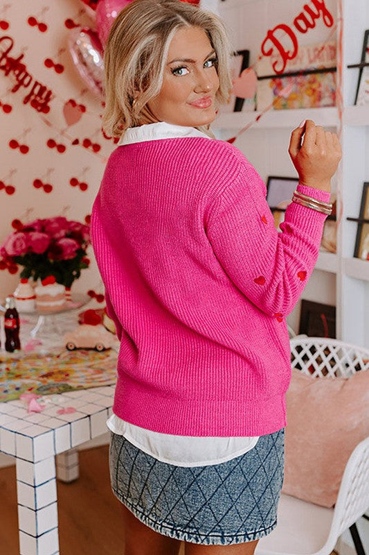 Red Heart Shape Drop Shoulder Round Neck Sweater - Classique Collection