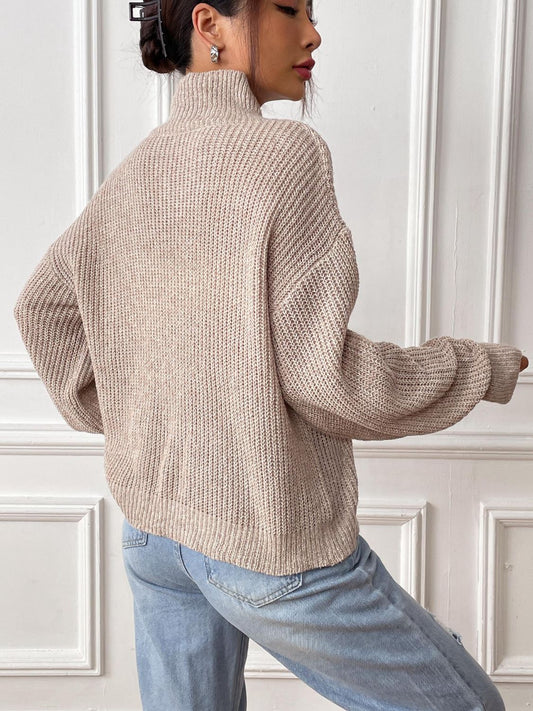 Heart Turtleneck Dropped Shoulder Long Sleeve Sweater - ClassiQ