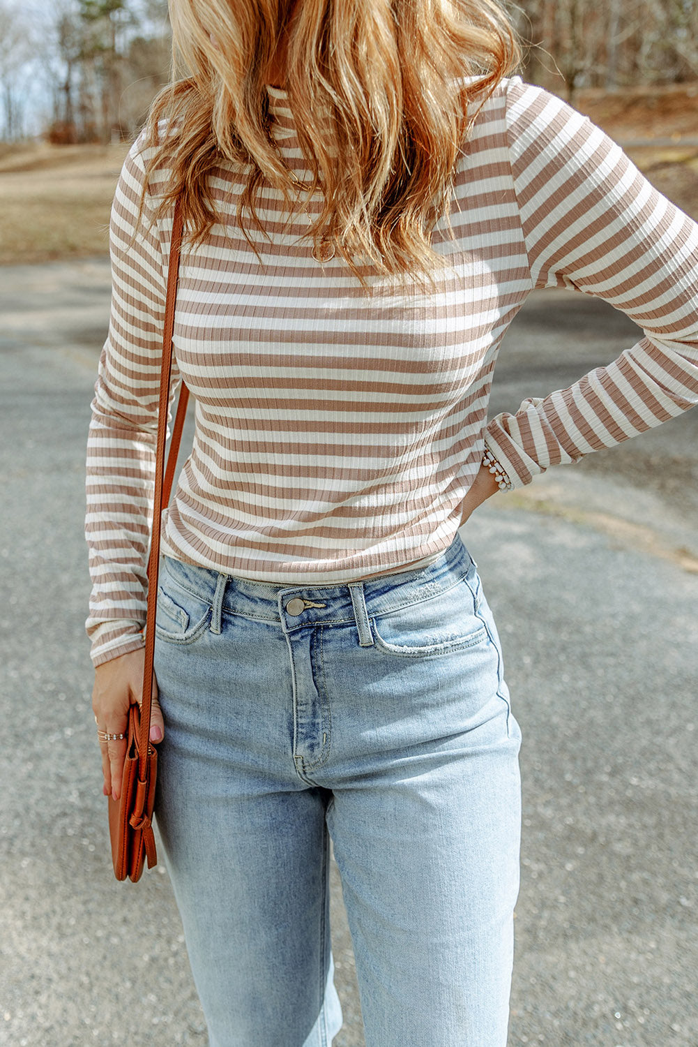 Striped Mock Neck Long Sleeve Top - Classique Collection