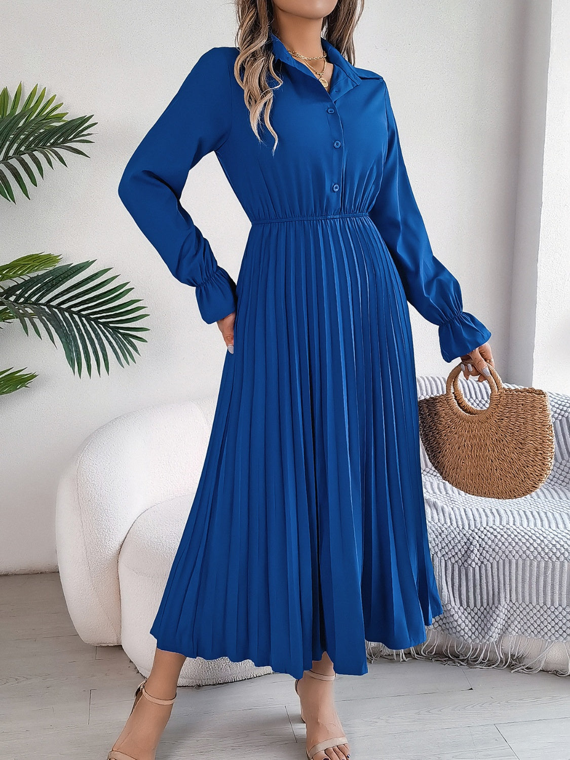 Pleated Half Button Long Sleeve Midi Dress - Classique Collection