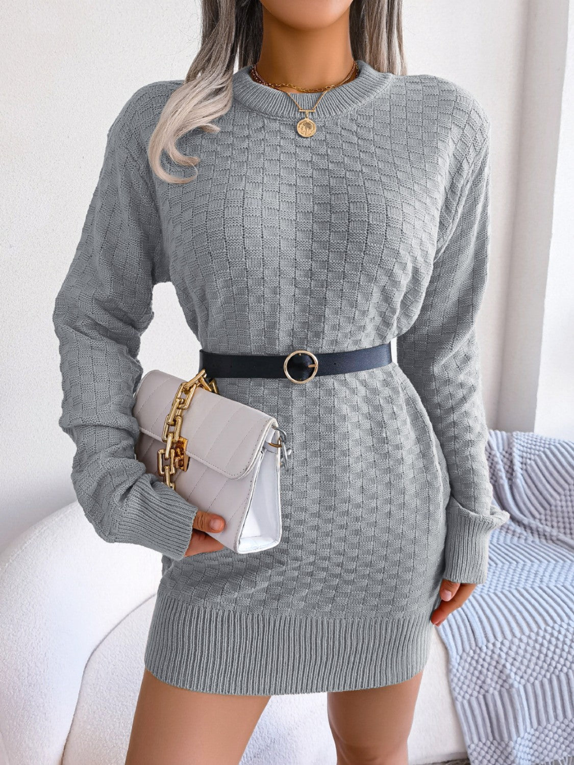 Round Neck Long Sleeve Mini Sweater Dress - Classique Collection