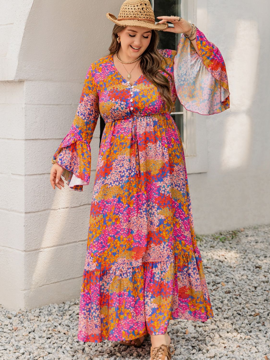 Plus Size Printed V-Neck Long Sleeve Maxi Dress - Classique Collection