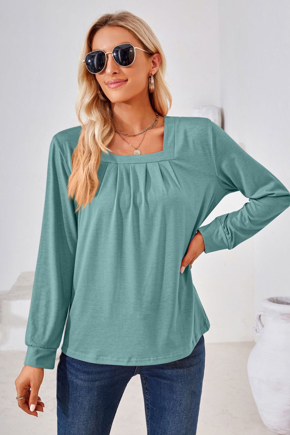 Square Neck Ruched Long Sleeve Blouse - Classique Collection