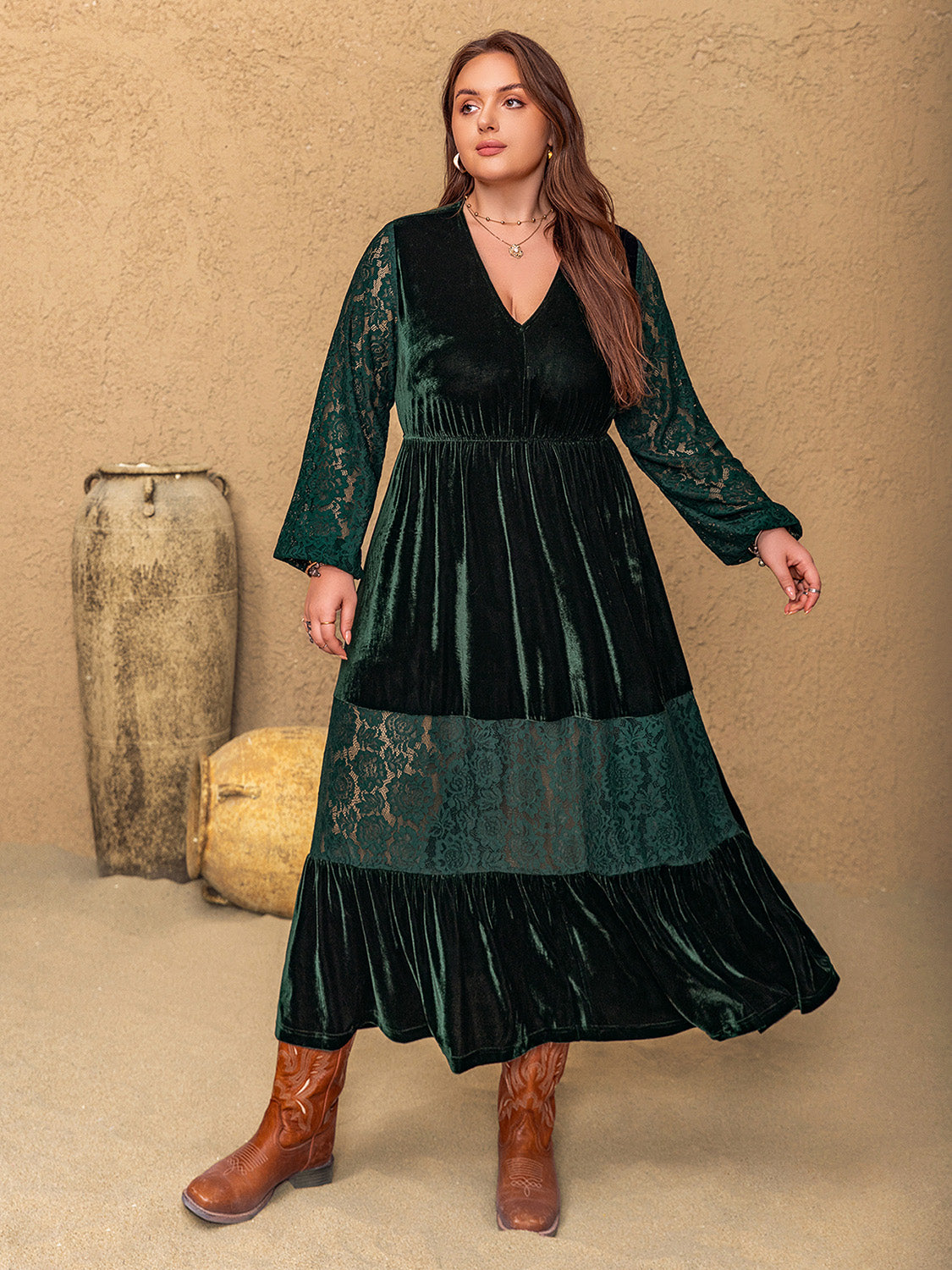 Plus Size Lace Patchwork V-Neck Balloon Sleeve Midi Dress - Classique Collection