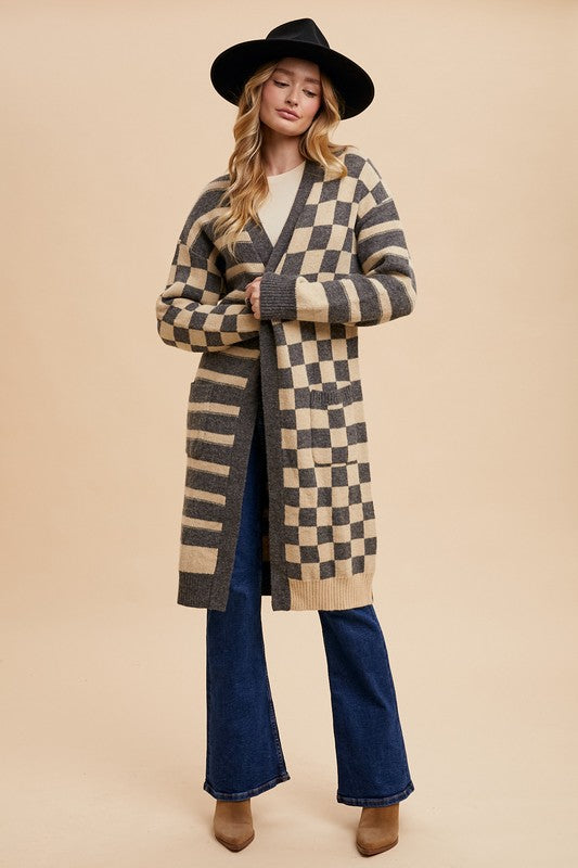 Annie Wear Checkered & Striped Open Front Long Sleeve Cardigan - ClassiQ