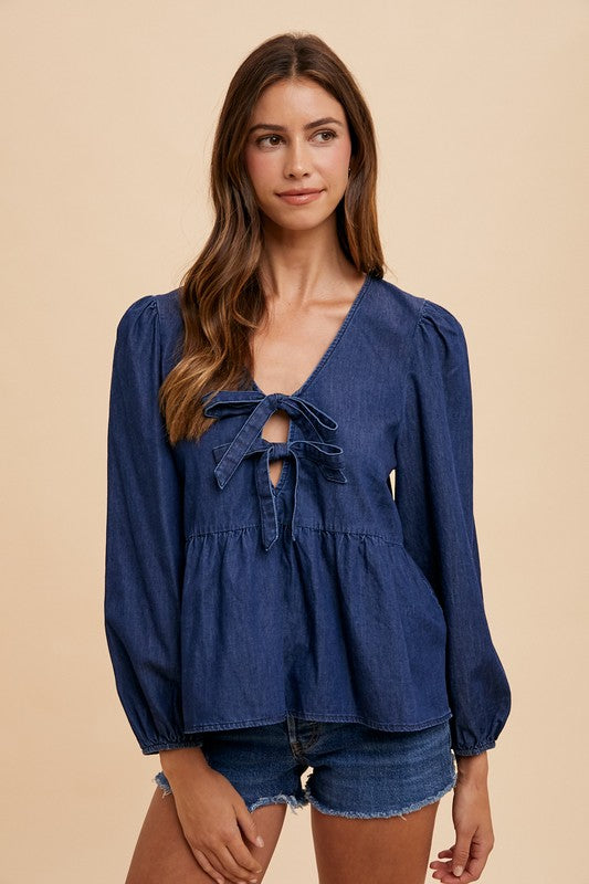 Annie Wear Tie Front Peplum Long Sleeve Denim Top - ClassiQ