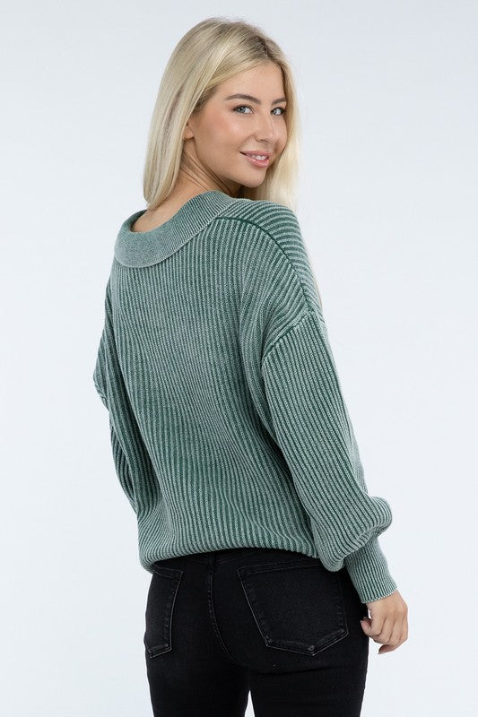 Washed Collared Henley Sweater - Classique Collection