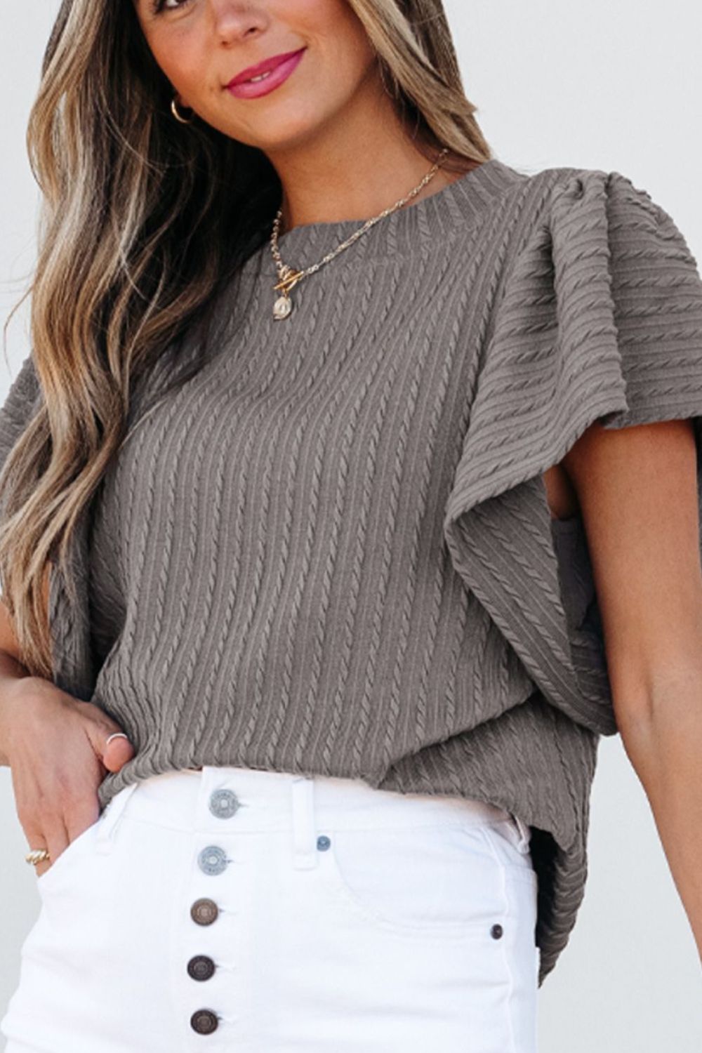 Textured Round Neck Flounce Sleeve Blouse - Classique Collection