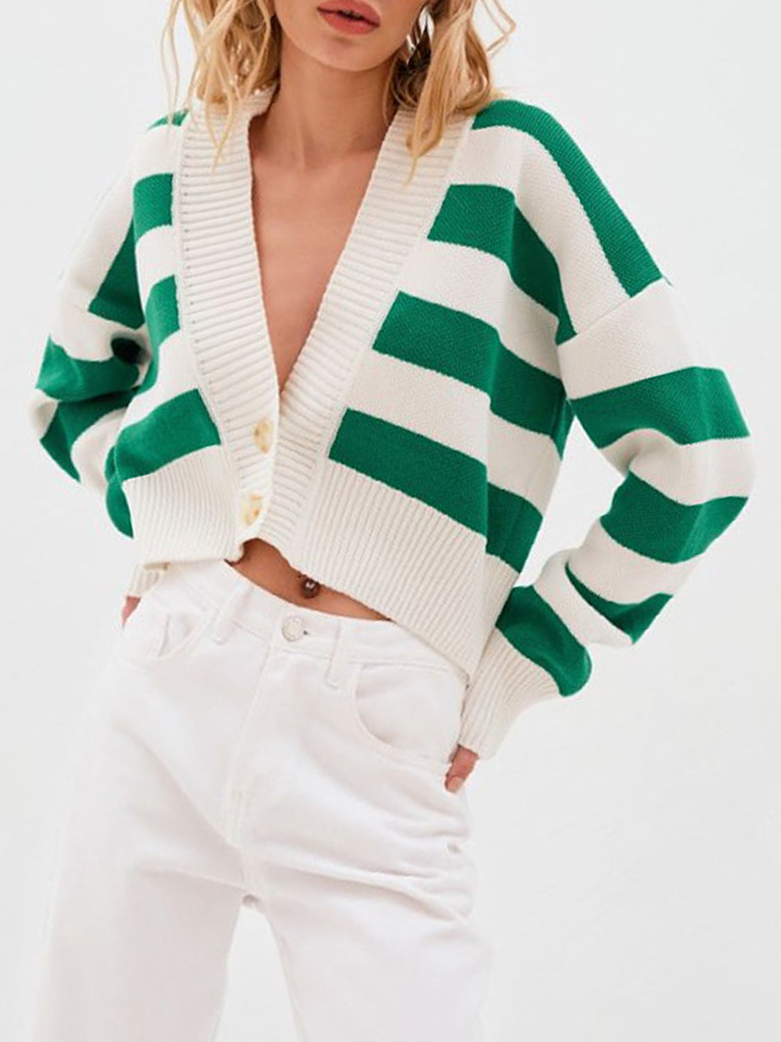 Striped Button Down Drop Shoulder Cardigan - Classique Collection