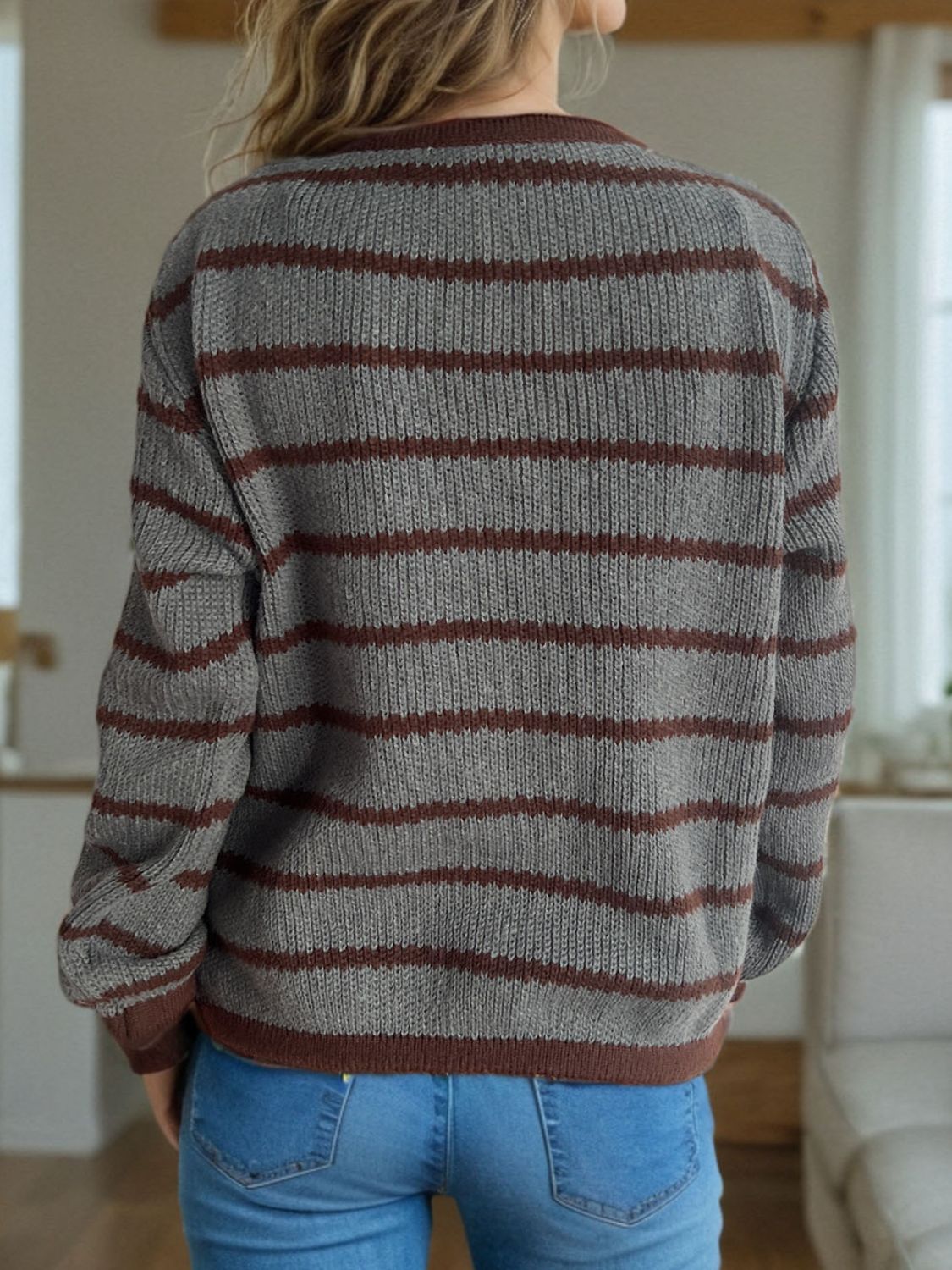 Striped Round Neck Long Sleeve Cardigan - ClassiQ