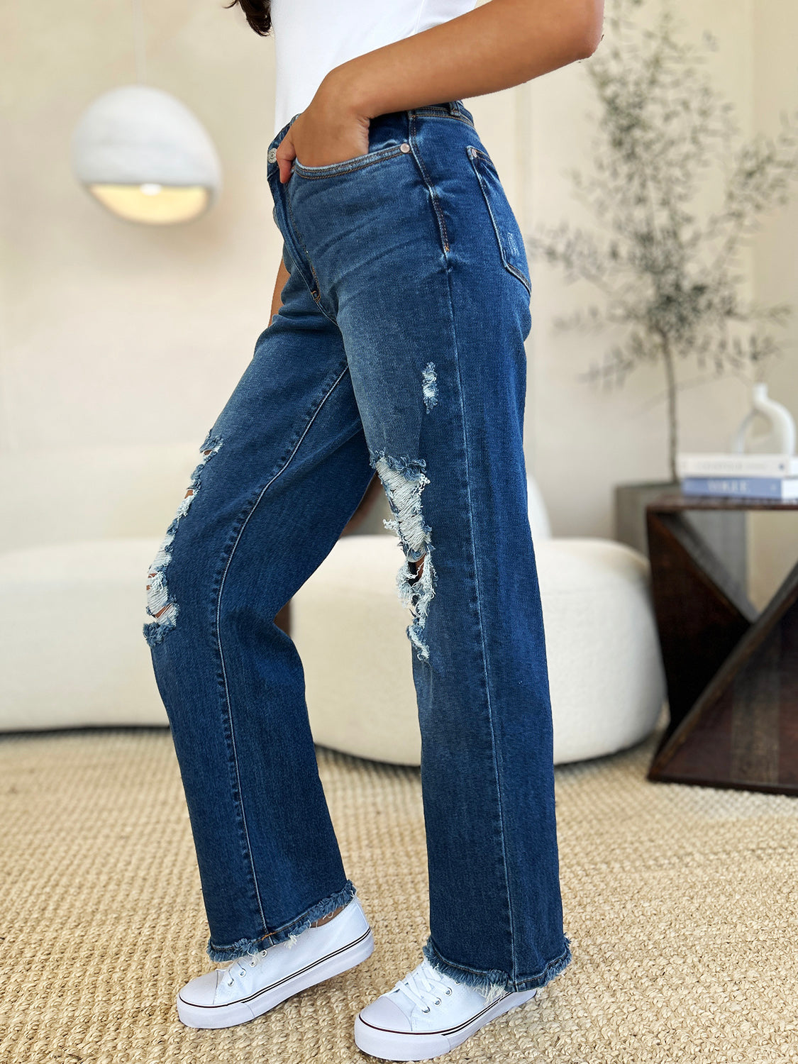 Judy Blue Full Size Mid Rise Distressed Raw Hem Jeans - Classique Collection