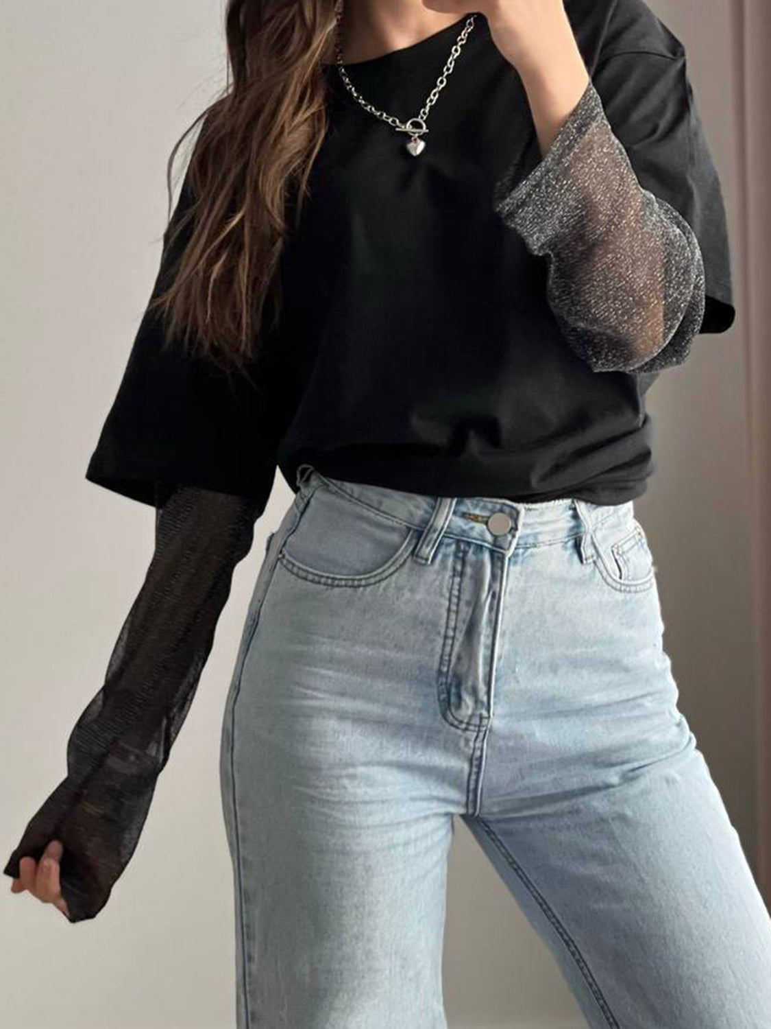 Faux Layered Round Neck Mesh Sleeve Top - Classique Collection
