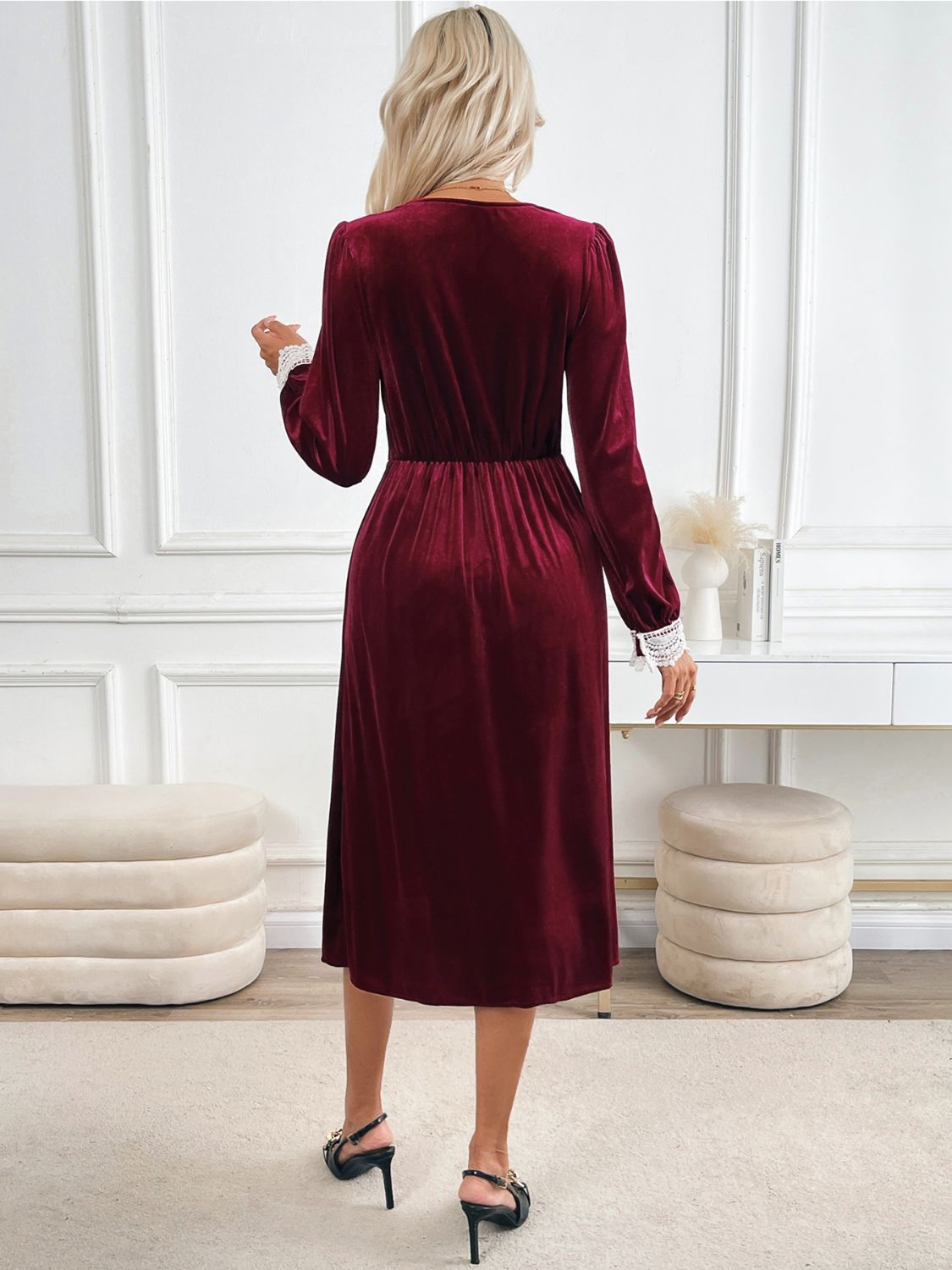 Perfee Lace Detail V-Neck Long Sleeve Midi Dress - Classique Collection