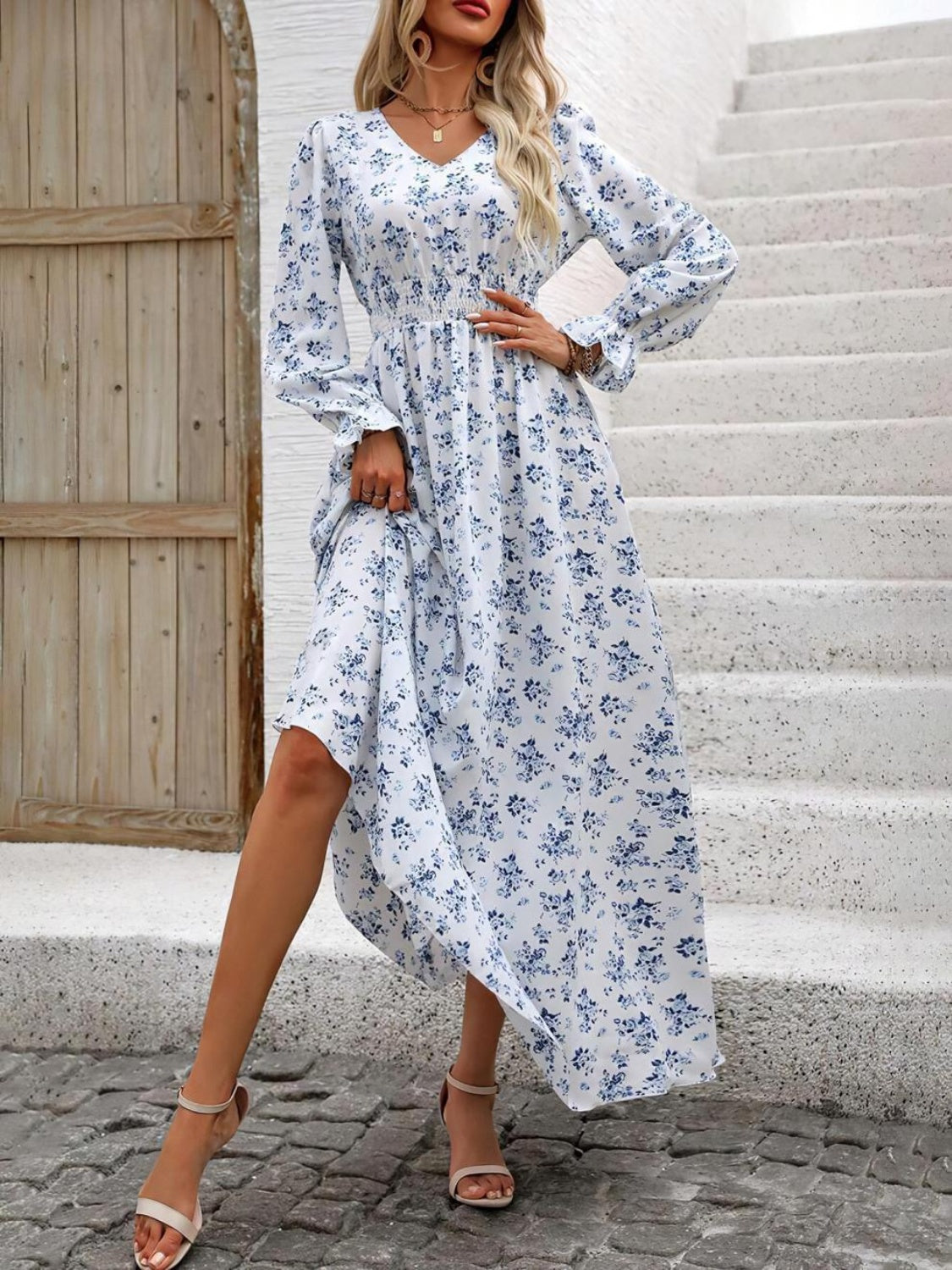 Smocked Printed V-Neck Flounce Sleeve Dress - Classique Collection