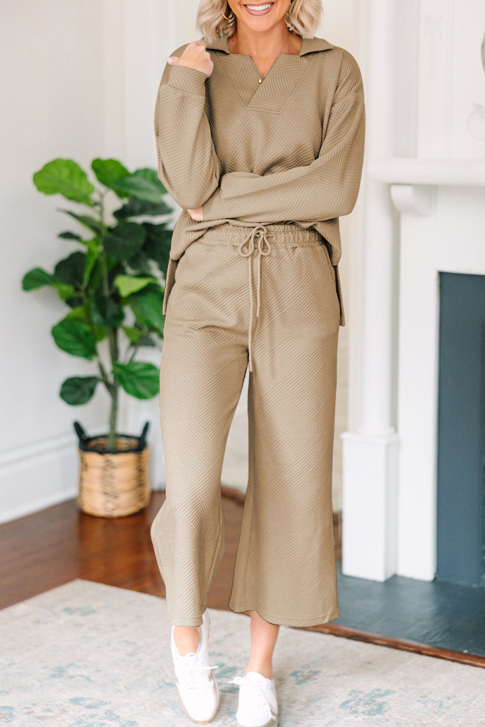 Textured Collared Neck Top and Wide Leg Pants Set - ClassiQ