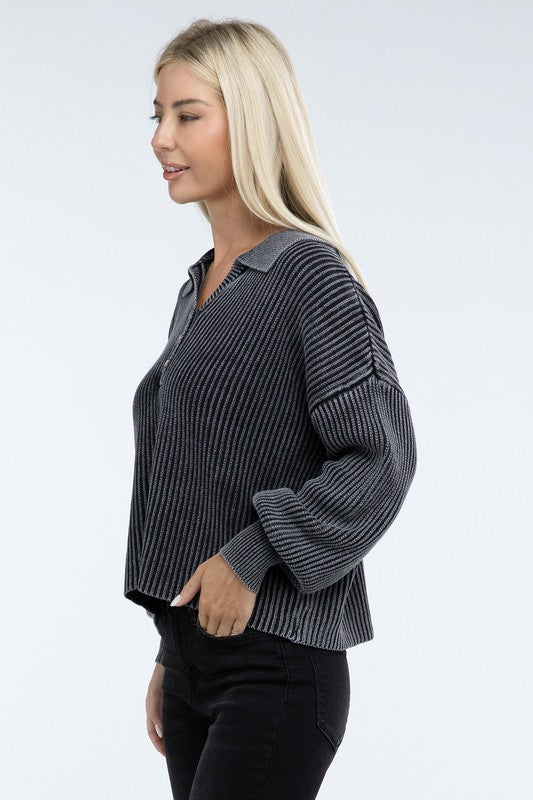 Washed Collared Henley Sweater - Classique Collection