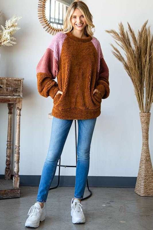 Culture Code Color Block Faux Fur Raglan Sleeve Sweatshirt - Classique Collection