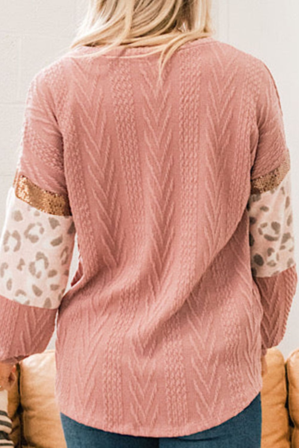 Sequin Leopard Round Neck Long Sleeve Sweater - Classique Collection