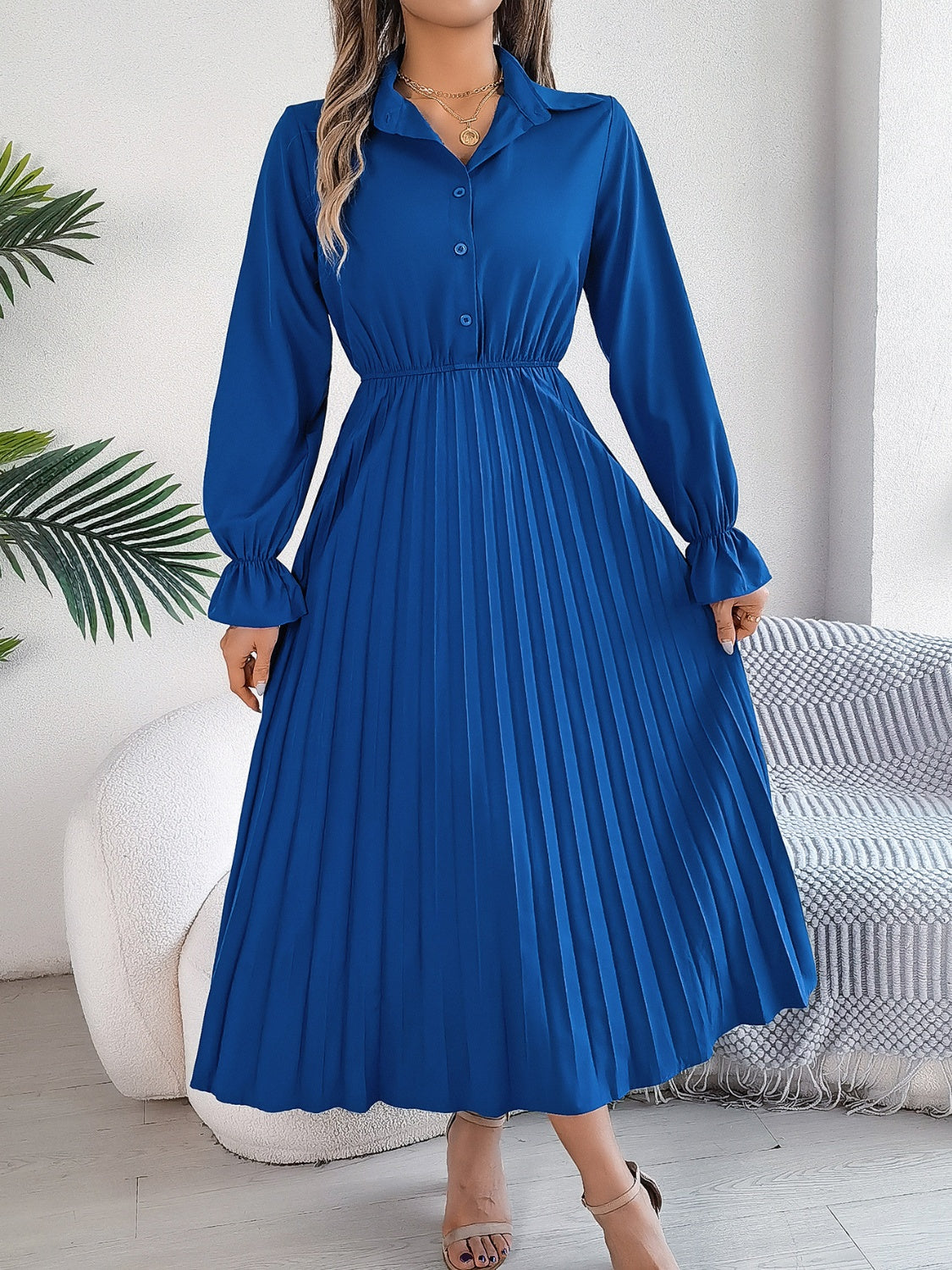Pleated Half Button Long Sleeve Midi Dress - Classique Collection
