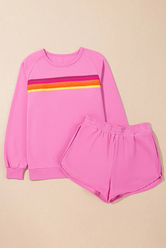 Full Size Contrast Striped Round Neck Top and Shorts Set - ClassiQ