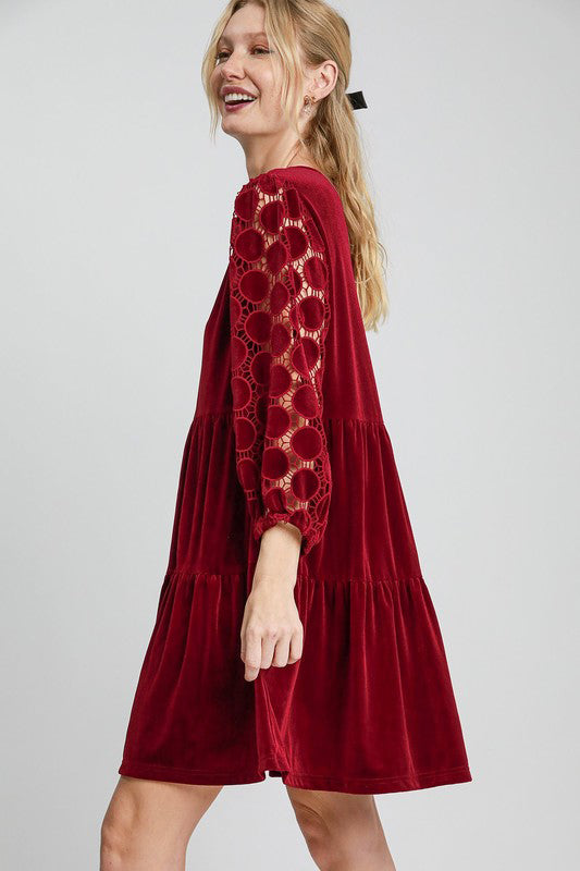 Umgee Dotted Lace Sleeve Tiered Velvet Mini Dress - Classique Collection