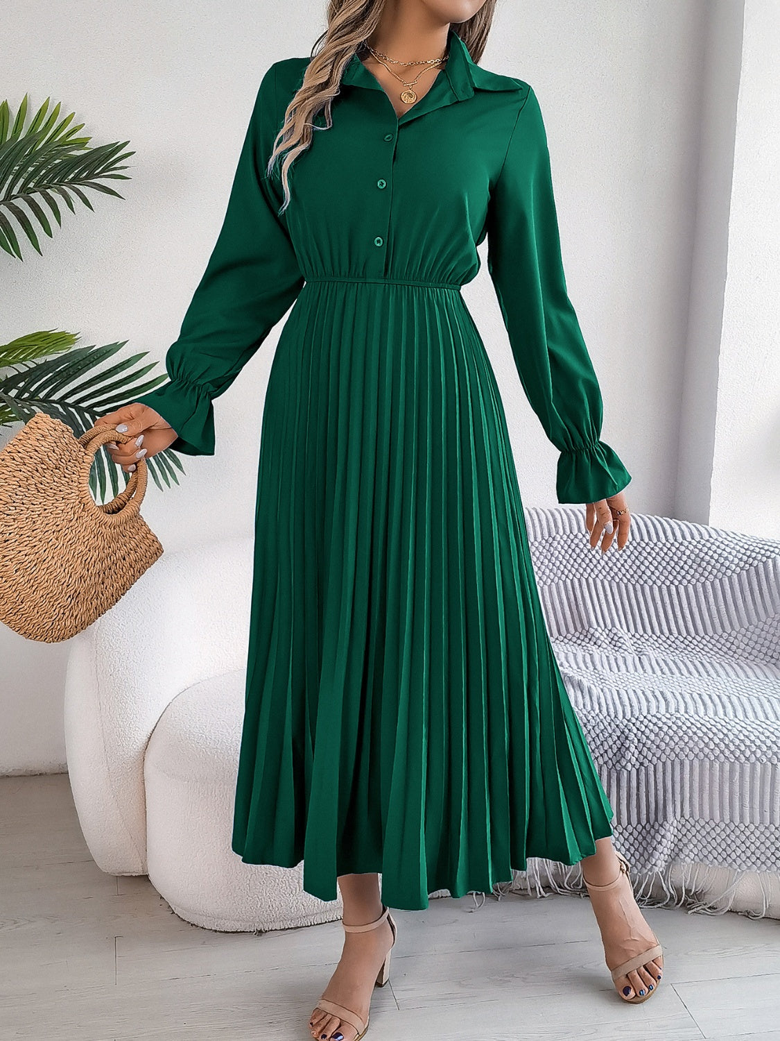 Pleated Half Button Long Sleeve Midi Dress - Classique Collection
