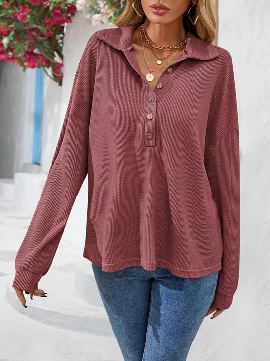 Half Button Collared Neck Long Sleeve Top - Classique Collection