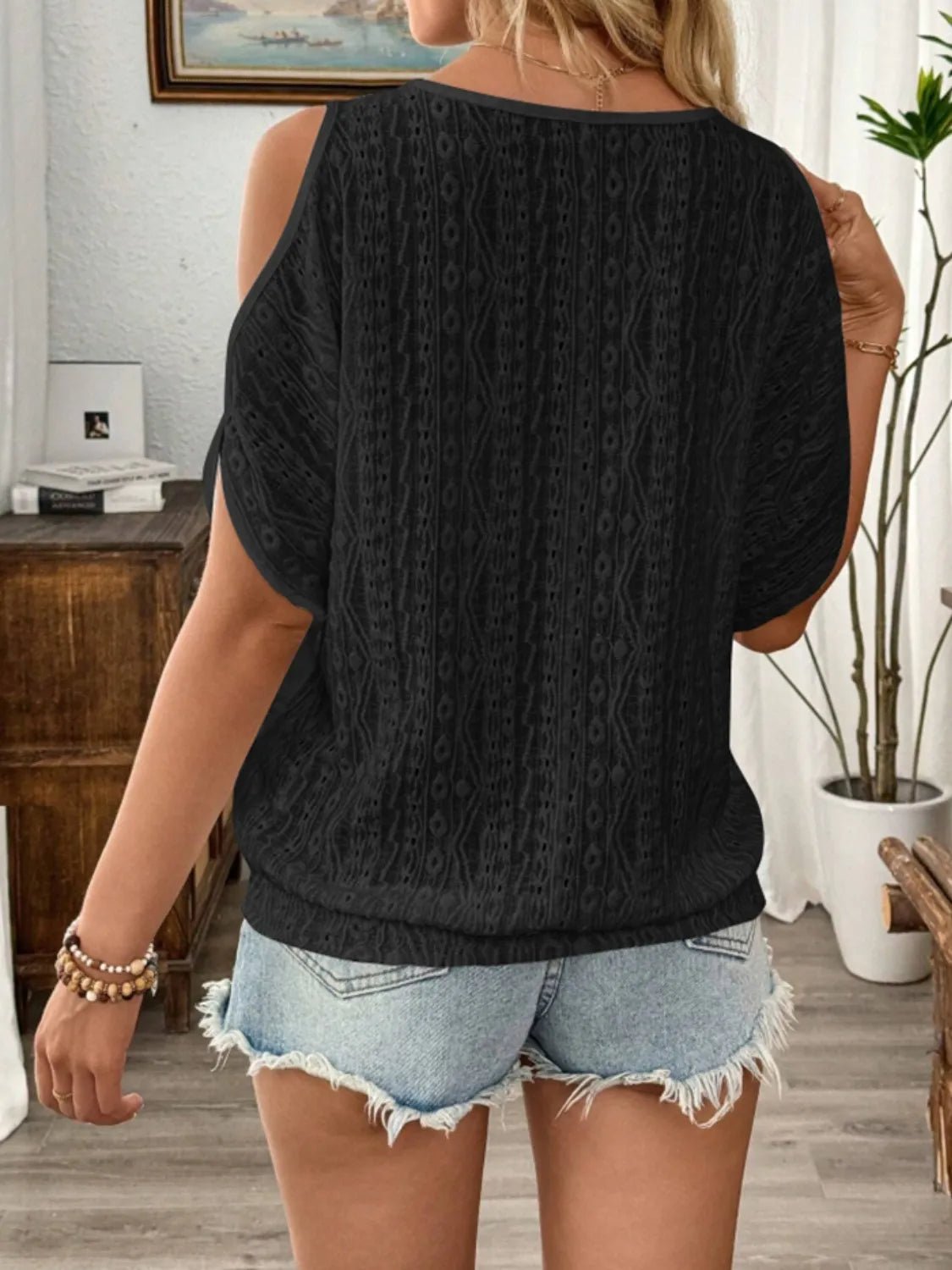 Eyelet Cold Shoulder Round Neck Blouse