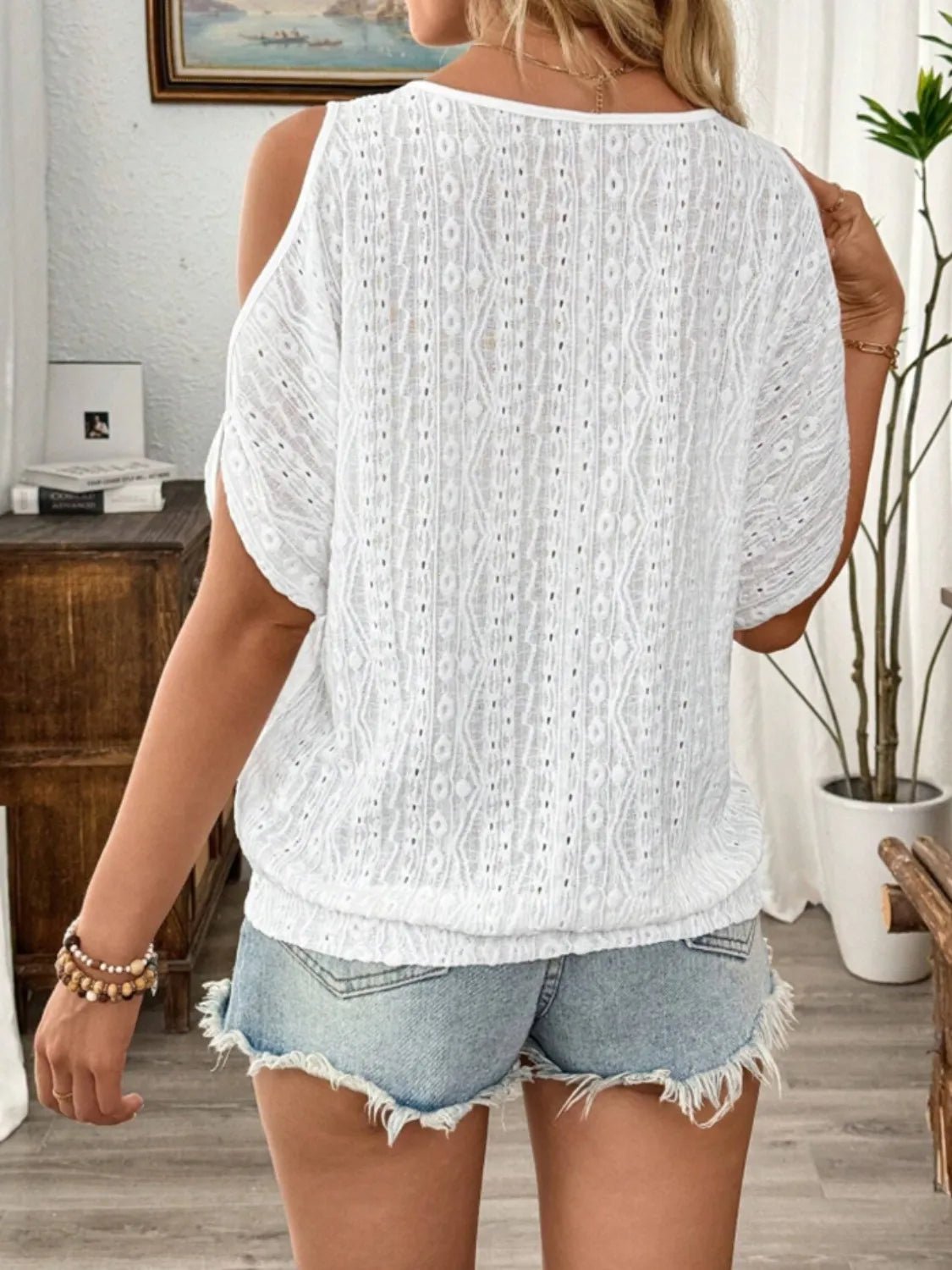 Eyelet Cold Shoulder Round Neck Blouse