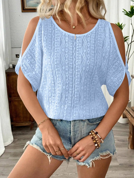 Eyelet Cold Shoulder Round Neck Blouse