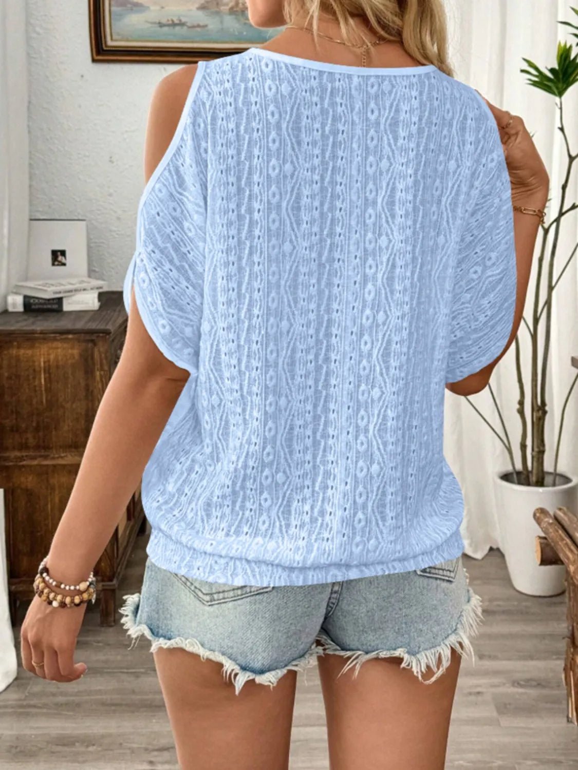 Eyelet Cold Shoulder Round Neck Blouse