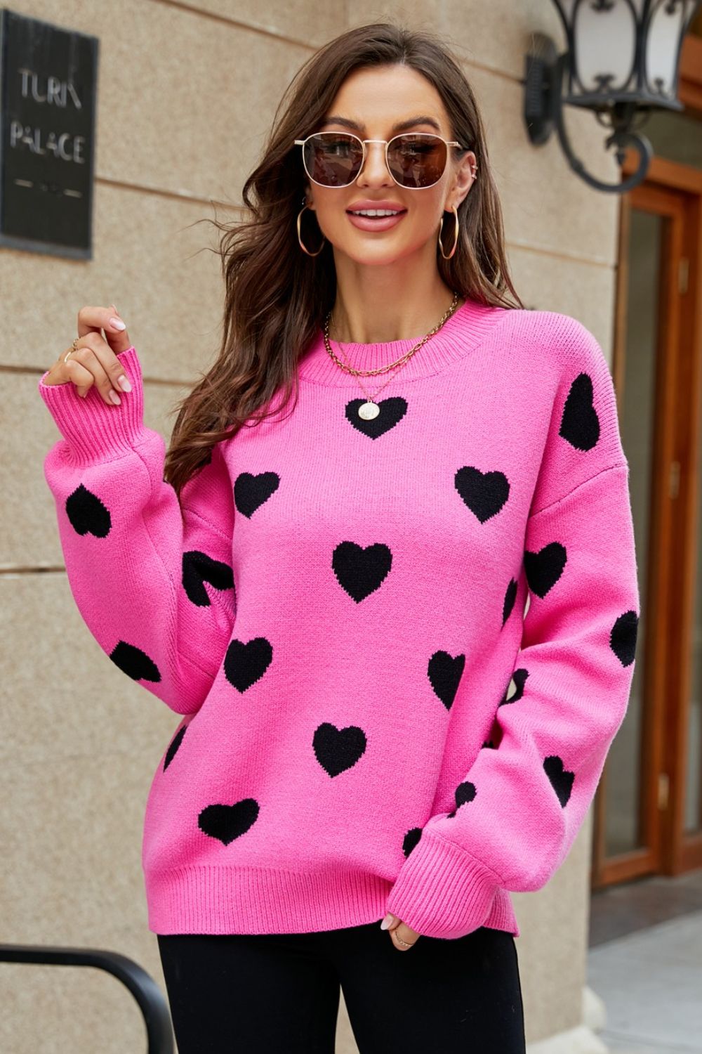 Woven Right Heart Pattern Lantern Sleeve Round Neck Tunic Sweater - ClassiQ