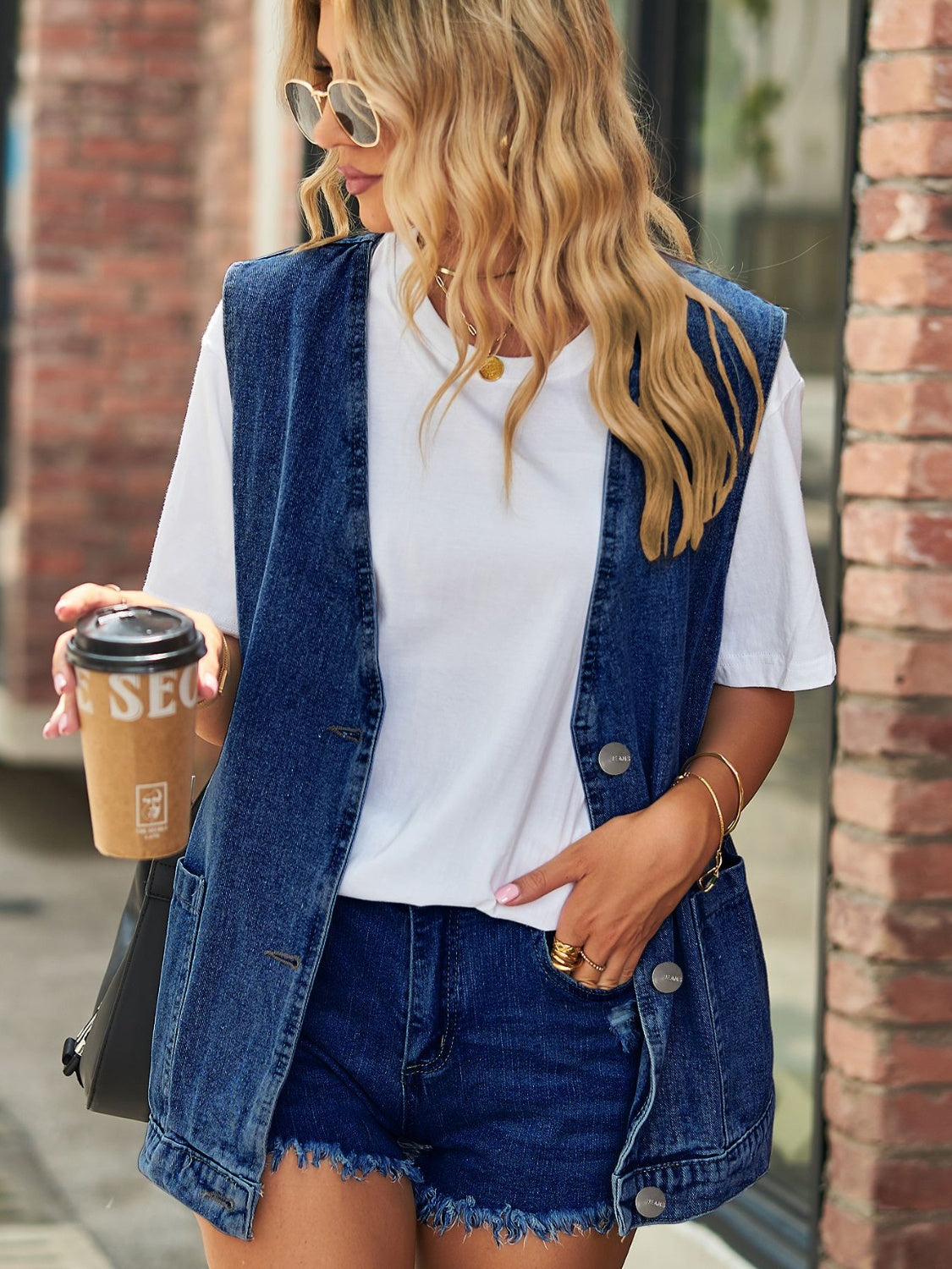 Full Size V-Neck Button Up Denim Vest - Classique Collection