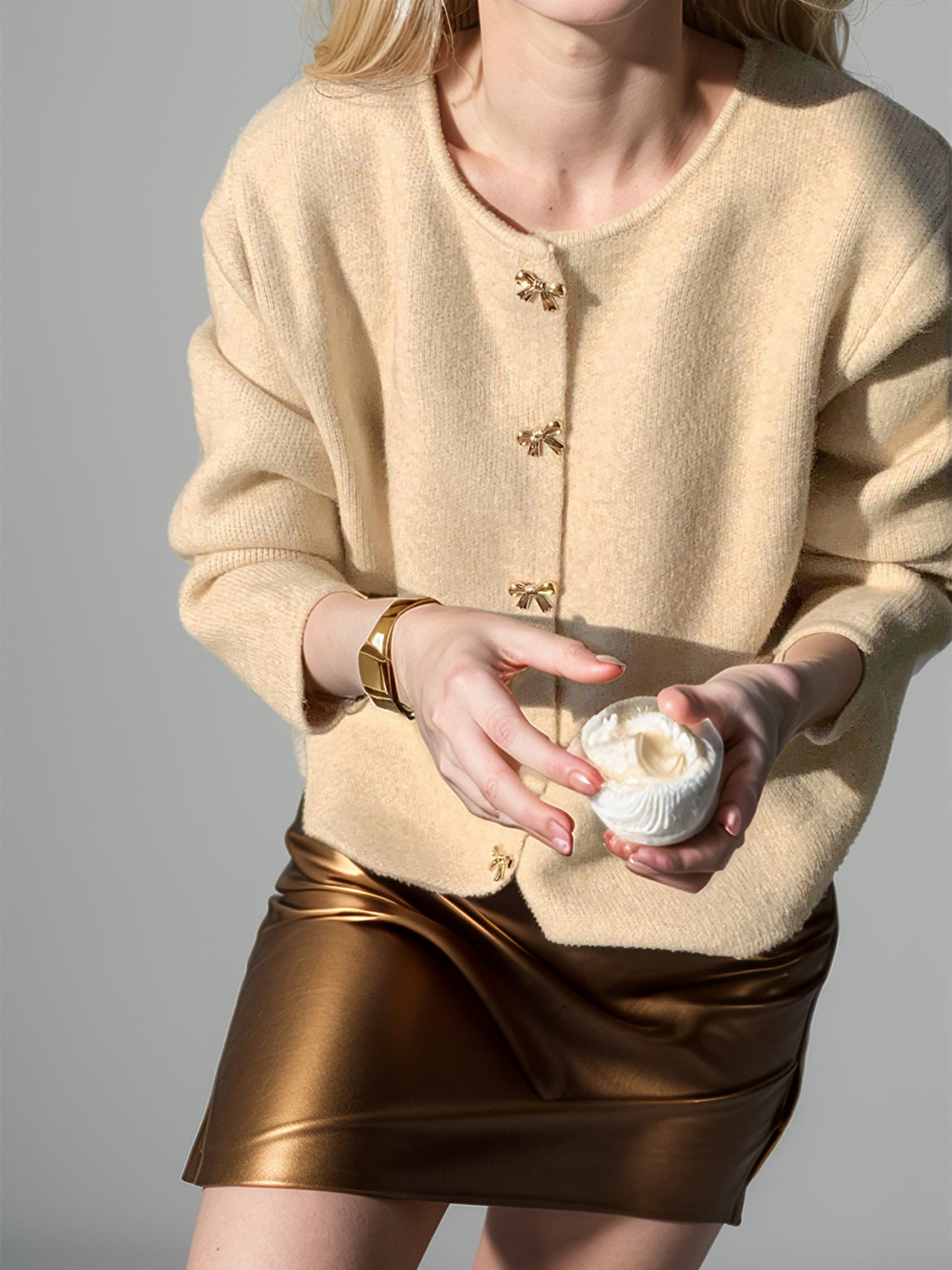 Bow Button Down Round Neck Long Sleeve Cardigan - Classique Collection