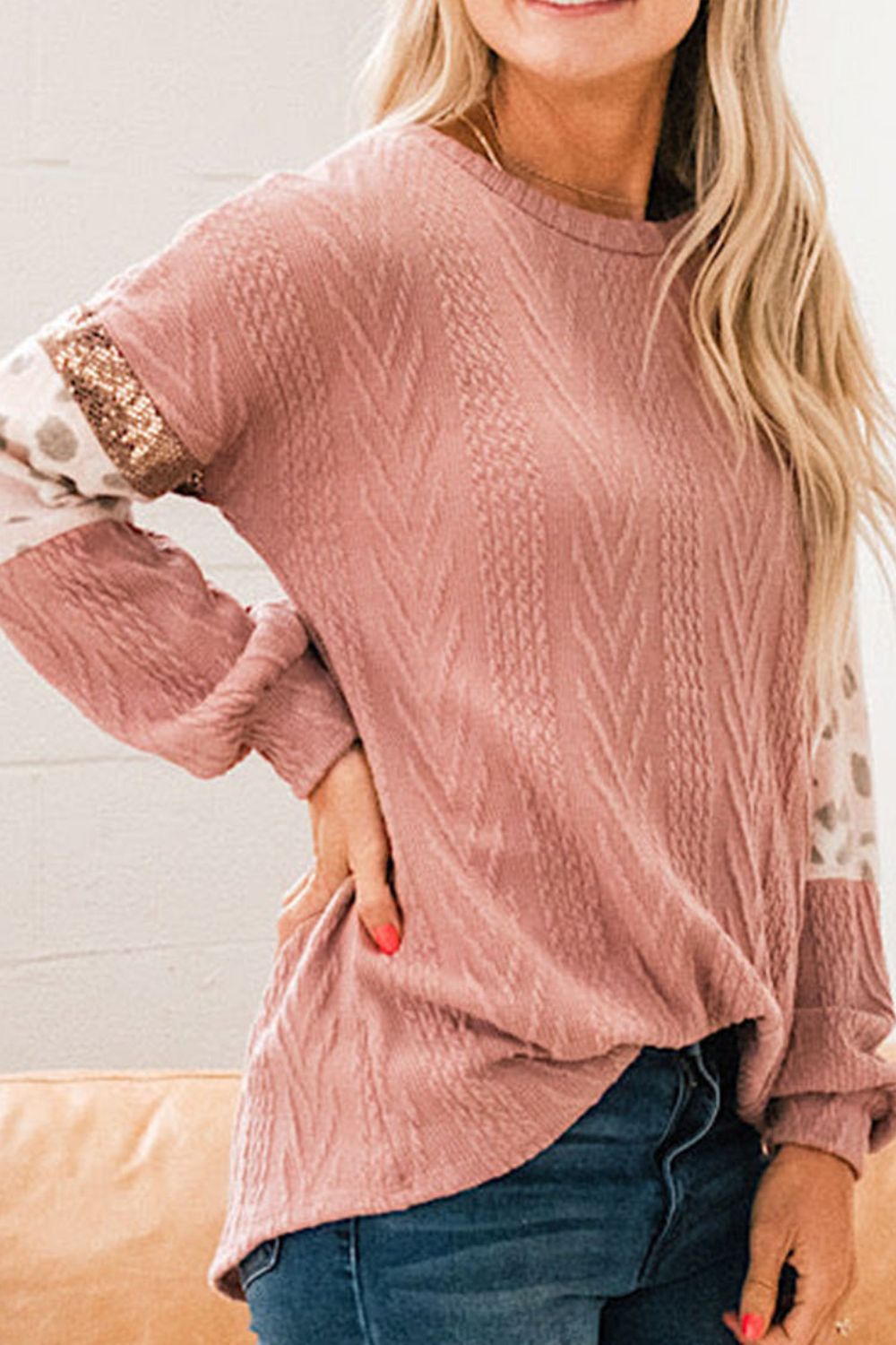Sequin Leopard Round Neck Long Sleeve Sweater - Classique Collection