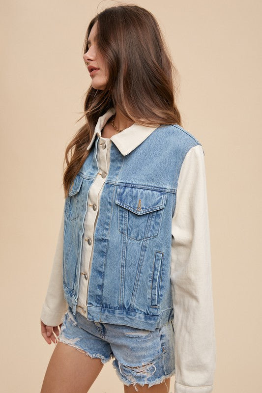Annie Wear Collared Neck Double Placket Denim Jacket - ClassiQ