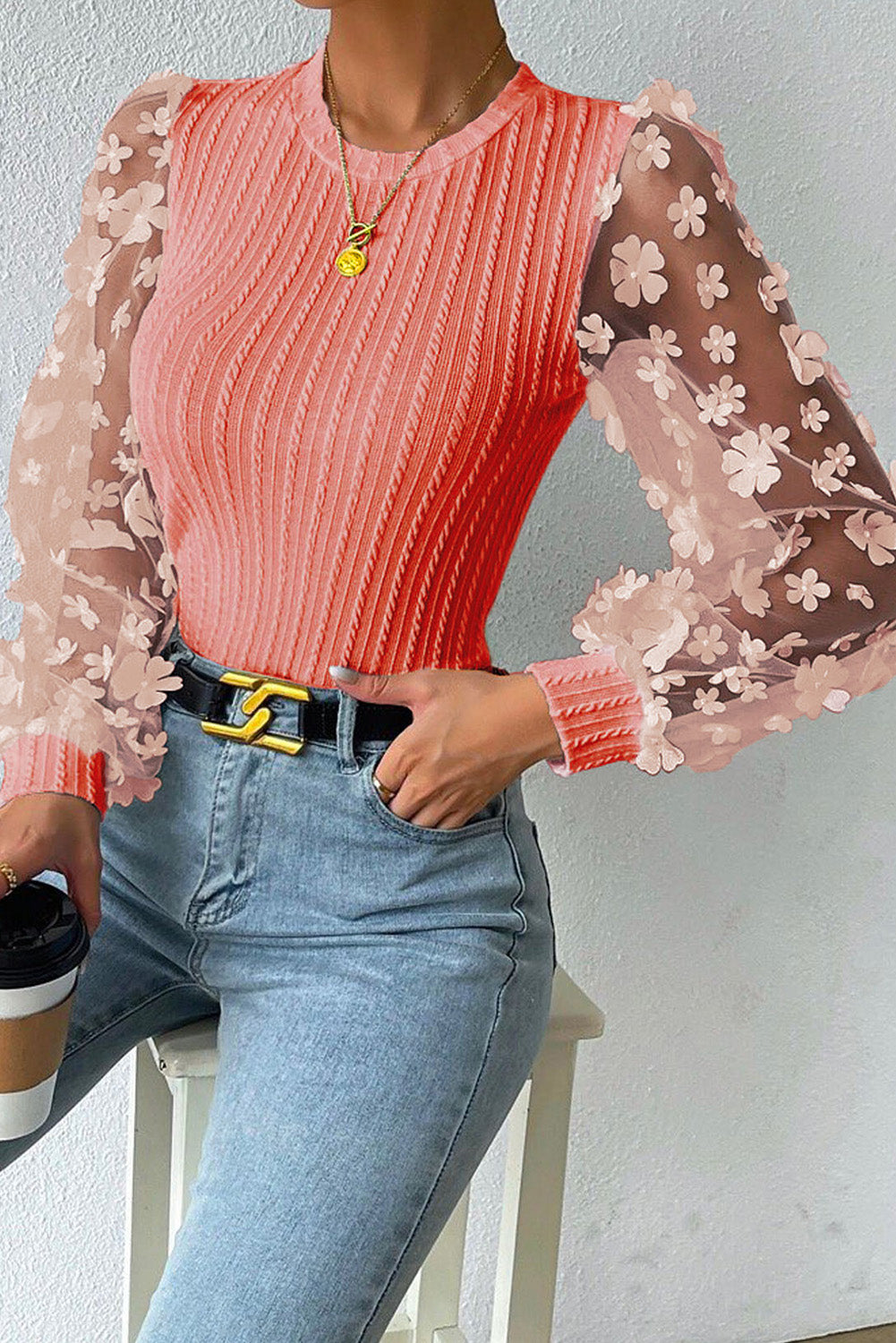 Textured Applique Long Sleeve Blouse - Classique Collection