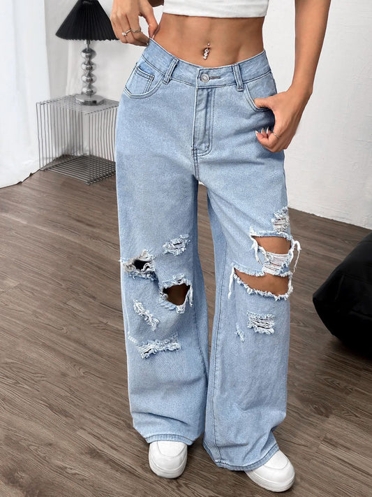 Distressed Wide Leg Jeans with Pockets - Classique Collection