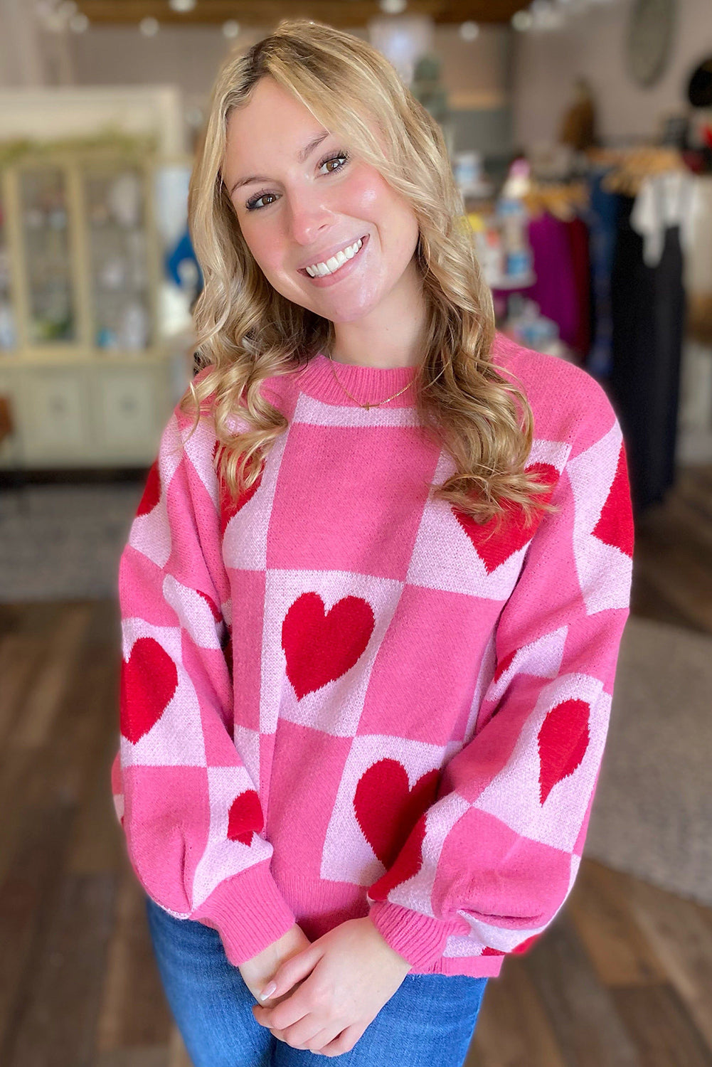 Pink Love Heart Checkered Valentine Knit Sweater - ClassiQ