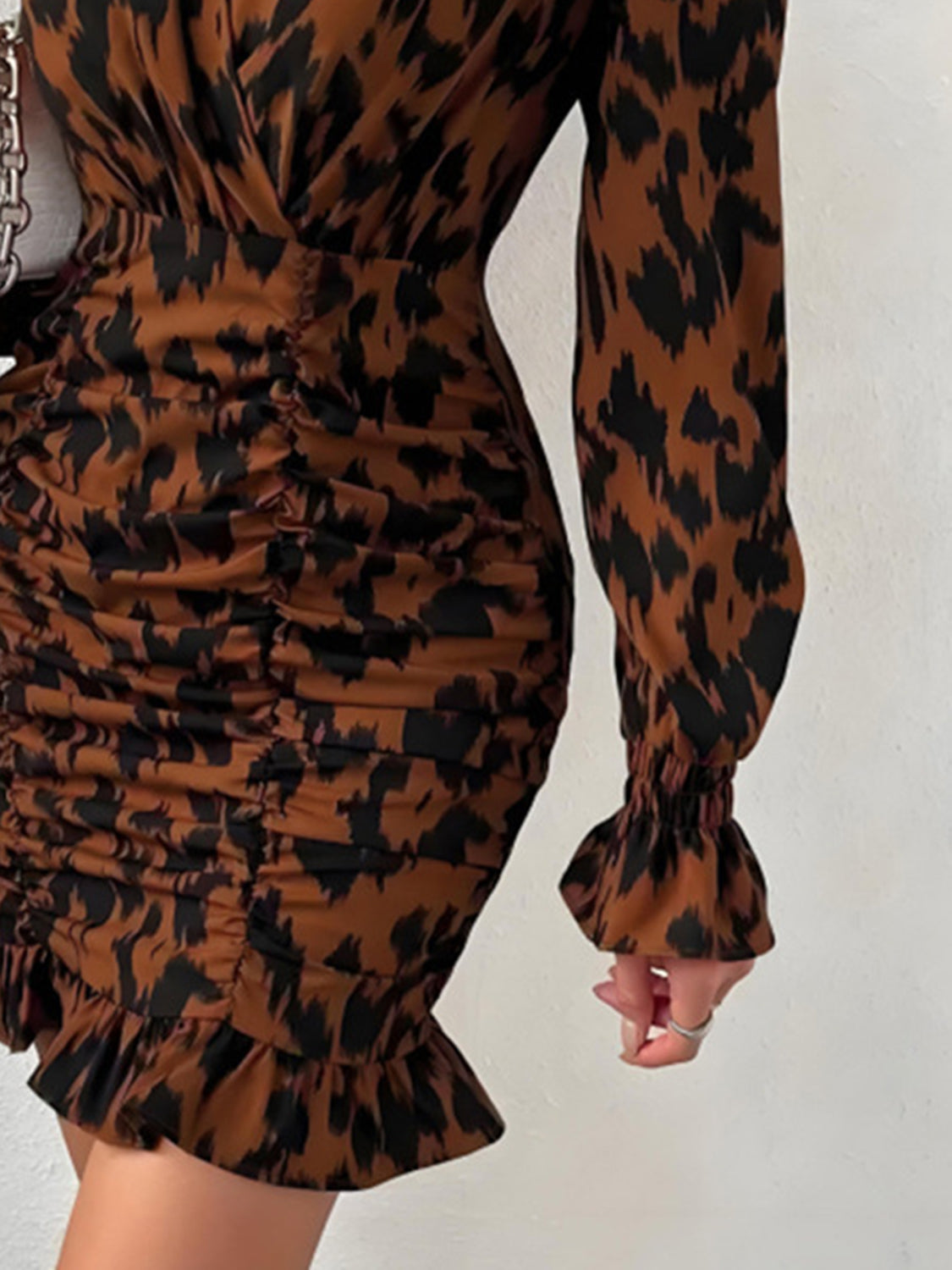 Ruched Ruffled Leopard Surplice Long Sleeve Dress - Classique Collection