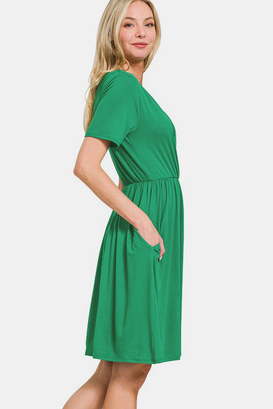 Zenana Surplice Short Sleeve Brushed DTY Dress - Classique Collection