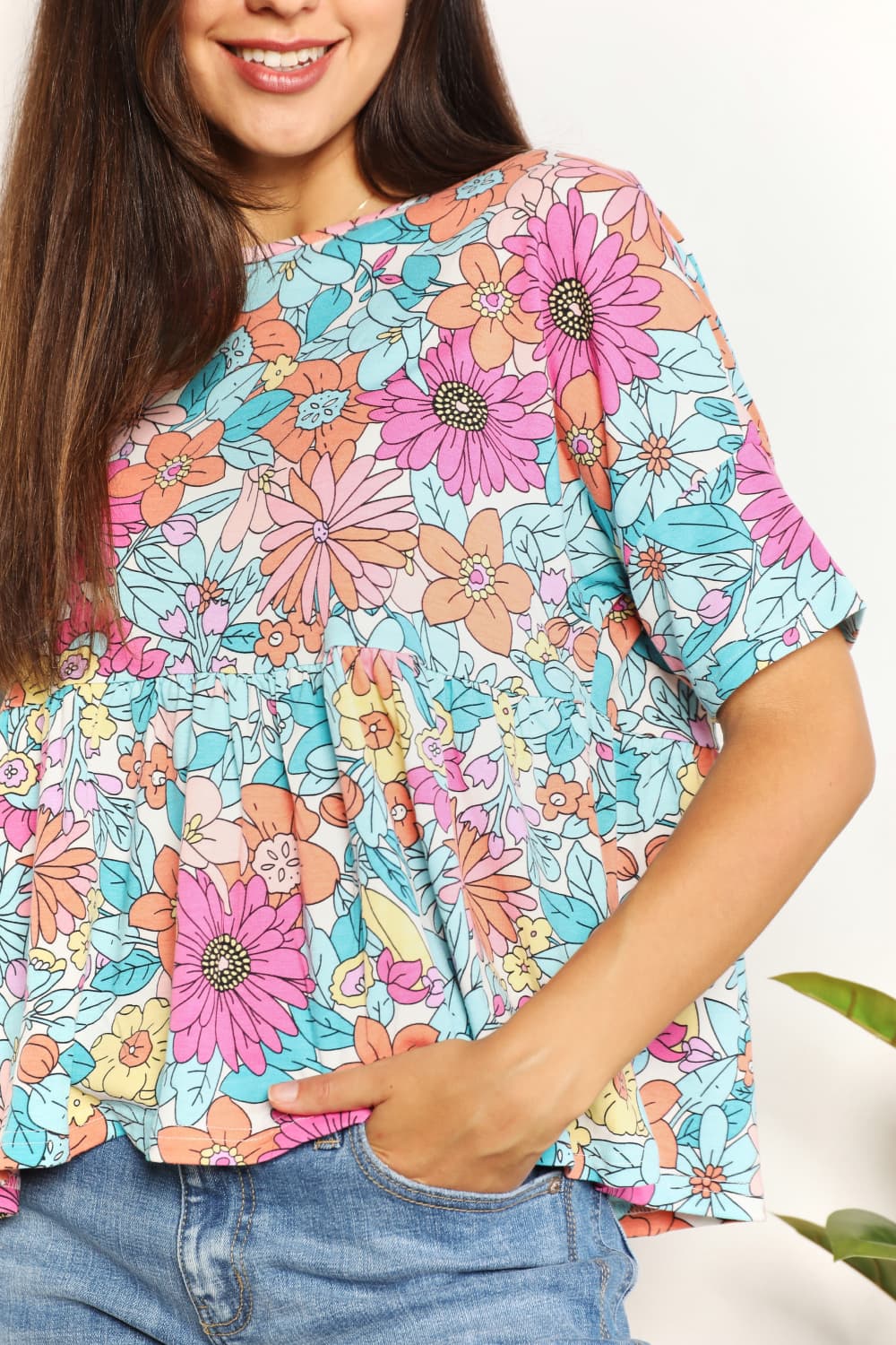 Double Take Floral Round Neck Babydoll Top - Classique Collection