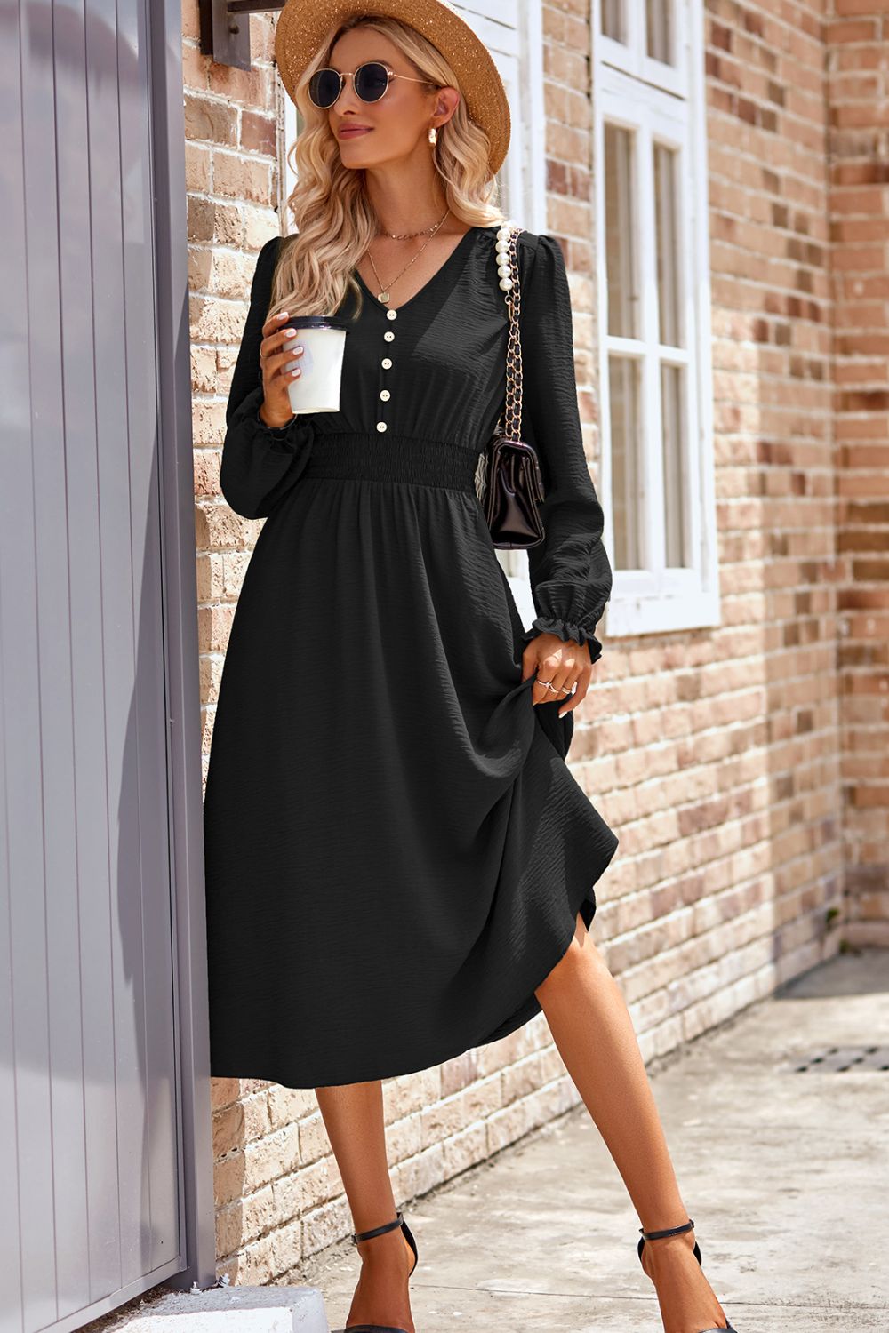 Smocked V-Neck Flounce Sleeve Midi Dress - Classique Collection