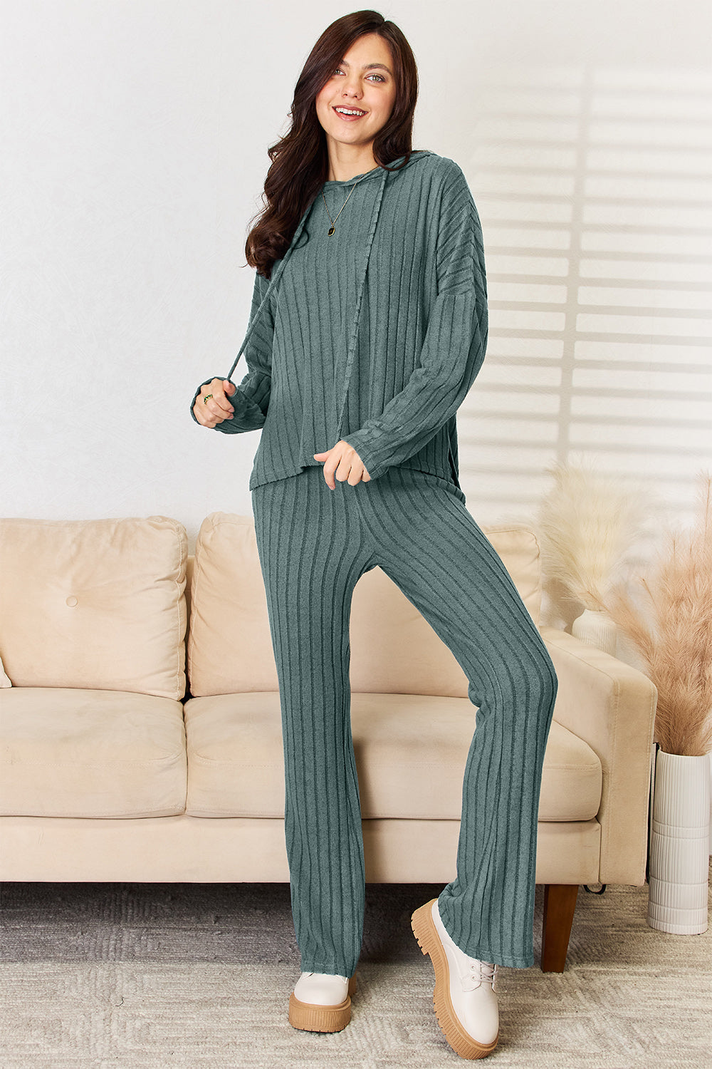 Basic Bae Full Size Ribbed Drawstring Hooded Top and Straight Pants Set - ClassiQ
