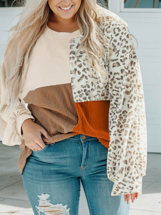 Plus Size Color Block Leopard Round Neck Top - ClassiQ